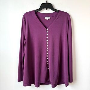 Toofan Button Front V-Neck Tunic Top Purple L Lagenlook